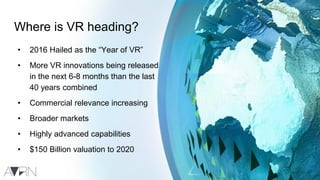 Where is VR heading?
• 2016 Hailed as the “Year of VR”
• More VR innovations being released
in the next 6-8 months than the last
40 years combined
• Commercial relevance increasing
• Broader markets
• Highly advanced capabilities
• $150 Billion valuation to 2020
 