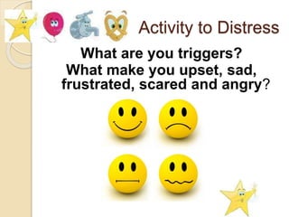 Activity to Distress
What are you triggers?
What make you upset, sad,
frustrated, scared and angry?
!
 