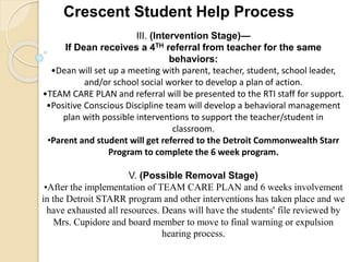 III. (Intervention Stage)—
If Dean receives a 4TH referral from teacher for the same
behaviors:
•Dean will set up a meeting with parent, teacher, student, school leader,
and/or school social worker to develop a plan of action.
•TEAM CARE PLAN and referral will be presented to the RTI staff for support.
•Positive Conscious Discipline team will develop a behavioral management
plan with possible interventions to support the teacher/student in
classroom.
•Parent and student will get referred to the Detroit Commonwealth Starr
Program to complete the 6 week program.
V. (Possible Removal Stage)
•After the implementation of TEAM CARE PLAN and 6 weeks involvement
in the Detroit STARR program and other interventions has taken place and we
have exhausted all resources. Deans will have the students’ file reviewed by
Mrs. Cupidore and board member to move to final warning or expulsion
hearing process.
Crescent Student Help Process
 