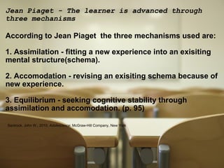 Jean Piaget - The learner is advanced through three mechanisms According to Jean Piaget  the three mechanisms used are:   1. Assimilation - fitting a new experience into an exisiting mental structure(schema).   2. Accomodation - revising an exisiting schema because of new experience.   3. Equilibrium - seeking cognitive stability through assimilation and accomodation. (p. 95)       Santrock, John W.; 2010;  Adolescence ; McGraw-Hill Company, New York     