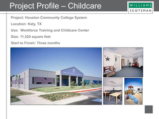 Project: Houston Community College System
Location: Katy, TX
Use: Workforce Training and Childcare Center
Size: 11,520 square feet
Start to Finish: Three months
Project Profile – Childcare
 