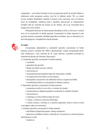 competenţe – care trebuie formate la elevi pe parcursul anilor de şcoală. Odată cu 
elaborarea noilor programe şcolare, încă de la sfârşitul anilor ’90, s-a simţit 
nevoia corelării finalităţilor urmărite la fiecare ciclu curricular, dar şi la fiecare 
nivel de învăţământ, stabilirea clară a derulării obiectivelor şi conţinuturilor 
învăţării atât pe verticală (pe fiecare an de studiu), cât şi pe orizontală (de-a 
lungul unui an de studiu). 
Principalul domeniu de interes pentru disciplina Limba şi literatura română 
este cel al comunicării în limba maternă. Comunicării în limba maternă îi sunt 
asociate anumite cunoştinţe, abilităţi/capacităţi şi atitudini, care se formează şi se 
dezvoltă progresiv, începând din clasele primare. 
21 
Exemple 
Cunoştinţele, deprinderile şi atitudinile specifice comunicării în limba 
maternă, potrivit variantei din 2006 a documentului vizând competenţele-cheie 
sunt (traducerea a fost realizată de dr. Ligia Sarivan, cercetător principal la 
Institutul de Ştiinţe ale Educaţiei, Bucureşti): 
a. Cunoştinţe specifice comunicării în limba maternă: 
• vocabular; 
• gramatică funcţională; 
• funcţii ale limbii (acte de vorbire); 
• sunt incluse şi: 
• conştientizarea principalelor tipuri de interacţiune verbală; 
• un registru de texte literare şi non-literare; 
• principalele caracteristici ale diferitelor stiluri şi registre de limbă; 
• variabilitatea limbii şi a comunicării în diferite contexte. 
b. Deprinderi specifice comunicării în limba maternă: 
• comunicare orală şi în scris într-o varietate de situaţii; 
• monitorizarea şi adaptarea propriei comunicări la cerinţele situaţiei; 
• sunt incluse şi: 
• a distinge şi a folosi diferite tipuri de texte; 
• a căuta, a colecta şi a procesa informaţia, 
• a folosi resurse, a formula şi a exprima argumente orale şi scrise în mod 
convingător, adecvat contextului. 
c. Atitudini specifice comunicării în limba maternă 
• deschiderea (dispoziţia) pentru dialog constructiv; 
• aprecierea calităţilor estetice şi dorinţa de a le promova şi interesul pentru 
interacţiunea cu alţii; 
• implică şi: 
 
