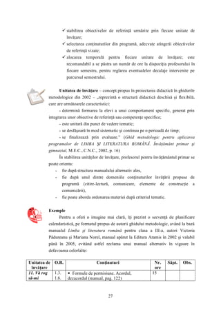  stabilirea obiectivelor de referinţă urmărite prin fiecare unitate de 
învăţare; 
 selectarea conţinuturilor din programă, adecvate atingerii obiectivelor 
de referinţă vizate; 
 alocarea temporală pentru fiecare unitate de învăţare; este 
recomandabil a se păstra un număr de ore la dispoziţia profesorului în 
fiecare semestru, pentru reglarea eventualelor decalaje intervenite pe 
parcursul semestrului. 
Unitatea de învăţare – concept propus în proiectarea didactică în ghidurile 
metodologice din 2002 – „reprezintă o structură didactică deschisă şi flexibilă, 
care are următoarele caracteristici: 
- determină formarea la elevi a unui comportament specific, generat prin 
integrarea unor obiective de referinţă sau competenţe specifice; 
- este unitară din punct de vedere tematic; 
- se desfăşoară în mod sistematic şi continuu pe o perioadă de timp; 
- se finalizează prin evaluare.” (Ghid metodologic pentru aplicarea 
programelor de LIMBA ŞI LITERATURA ROMÂNĂ. Învăţământ primar şi 
gimnazial, M.E.C., C.N.C., 2002, p. 16) 
În stabilirea unităţilor de învăţare, profesorul pentru învăţământul primar se 
27 
poate orienta: 
- fie după structura manualului alternativ ales, 
- fie după unul dintre domeniile conţinuturilor învăţării propuse de 
programă (citire-lectură, comunicare, elemente de construcţie a 
comunicării), 
- fie poate aborda ordonarea materiei după criteriul tematic. 
Exemple 
Pentru a oferi o imagine mai clară, îţi prezint o secvenţă de planificare 
calendaristică, pe formatul propus de autorii ghidului metodologic, având la bază 
manualul Limba şi literatura română pentru clasa a III-a, autori Victoria 
Pădureanu şi Mariana Norel, manual apărut la Editura Aramis în 2002 şi valabil 
până în 2005, evitând astfel reclama unui manual alternativ în vigoare în 
defavoarea celorlalte: 
Unitatea de 
învăţare 
O.R. Conţinuturi Nr. 
ore 
Săpt. Obs. 
11. Vă rog 
să-mi 
1.3. 
1.6. 
• Formule de permisiune. Acordul, 
dezacordul (manual, pag. 122) 
15 
 