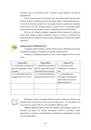mesajului scris şi de exprimare scrisă – propune o nouă abordare a textului, în 
ansamblul său. 
Elevii claselor primare vor cunoaşte, prin intermediul lecturii, diverse tipuri 
de texte, literare şi nonliterare, lectura devenind, treptat, o tehnică utilizată din ce 
în ce mai frecvent de şcolarul mic; dar simpla lectură nu garantează învăţarea, 
avem nevoie şi de alte elemente pentru a-l ajuta pe elev să înţeleagă mesajul 
textului parcurs şi să descopere ce poate el valorifica din actul citirii/lecturii. 
Orice act de învăţare presupune angajarea efortului personal al celui care 
învaţă, prin urmare, învăţarea tehnicilor muncii cu cartea se realizează prin 
punerea elevilor în situaţia de a opera în mod independent cu elemente ale lecturii 
explicative. 
Aplicaţii (pentru PORTOFOLIU) 
Completaţi tabelul următor, inserând obiectivele de referinţă ale dezvoltării 
capacităţii de receptare a mesajului scris (potrivit modelului dat). 
Urmăriţi şi evidenţiaţi progresul pe care îl poate înregistra elevul în actul 
63 
citirii. 
Clasa a II-a Clasa a III-a Clasa a IV-a 
3.1. să identifice elemente de 
bază ale organizării textului 
în pagină 
3.1. să identifice elemente de 
bază ale organizării textului 
literar/nonliterar în pagină 
3.1. să sesizeze rolul 
ilustraţiilor ce însoţesc un 
text 
3.2. să desprindă informaţii 
esenţiale dintr-un text citit 
3.2. să desprindă informaţii 
principale dintr-un text citit 
3.2. să desprindă idei 
principale şi informaţii de 
detaliu dintr-un text citit 
(literar/nonliterar) 
Programele şcolare recomandă utilizarea textelor literare sau nonliterare de 
întindere mică: în clasa I circa 75 de cuvinte, în clasa a II-a – texte de până la 120 
de cuvinte şi în clasele a III-a şi a IV-a de până la 300 de cuvinte. 
Citirea corectă presupune citirea fără silabisire, fără adăugiri, repetări sau 
inversiuni de sunete sau cuvinte, pronunţarea corectă a cuvintelor, citirea 
propoziţiilor cu intonaţie corespunzătoare, manifestarea independenţei în citirea 
unui text (fără ajutor). 
 