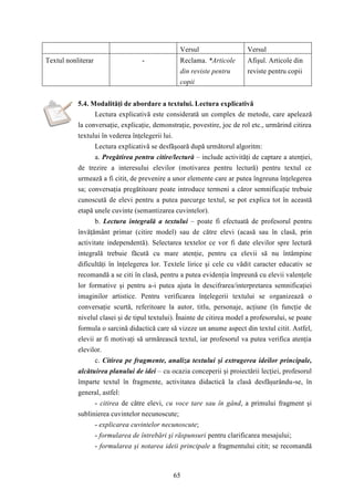 Versul Versul 
Textul nonliterar - Reclama. *Articole 
din reviste pentru 
copii 
65 
Afişul. Articole din 
reviste pentru copii 
5.4. Modalităţi de abordare a textului. Lectura explicativă 
Lectura explicativă este considerată un complex de metode, care apelează 
la conversaţie, explicaţie, demonstraţie, povestire, joc de rol etc., urmărind citirea 
textului în vederea înţelegerii lui. 
Lectura explicativă se desfăşoară după următorul algoritm: 
a. Pregătirea pentru citire/lectură – include activităţi de captare a atenţiei, 
de trezire a interesului elevilor (motivarea pentru lectură) pentru textul ce 
urmează a fi citit, de prevenire a unor elemente care ar putea îngreuna înţelegerea 
sa; conversaţia pregătitoare poate introduce termeni a căror semnificaţie trebuie 
cunoscută de elevi pentru a putea parcurge textul, se pot explica tot în această 
etapă unele cuvinte (semantizarea cuvintelor). 
b. Lectura integrală a textului – poate fi efectuată de profesorul pentru 
învăţământ primar (citire model) sau de către elevi (acasă sau în clasă, prin 
activitate independentă). Selectarea textelor ce vor fi date elevilor spre lectură 
integrală trebuie făcută cu mare atenţie, pentru ca elevii să nu întâmpine 
dificultăţi în înţelegerea lor. Textele lirice şi cele cu vădit caracter educativ se 
recomandă a se citi în clasă, pentru a putea evidenţia împreună cu elevii valenţele 
lor formative şi pentru a-i putea ajuta în descifrarea/interpretarea semnificaţiei 
imaginilor artistice. Pentru verificarea înţelegerii textului se organizează o 
conversaţie scurtă, referitoare la autor, titlu, personaje, acţiune (în funcţie de 
nivelul clasei şi de tipul textului). Înainte de citirea model a profesorului, se poate 
formula o sarcină didactică care să vizeze un anume aspect din textul citit. Astfel, 
elevii ar fi motivaţi să urmărească textul, iar profesorul va putea verifica atenţia 
elevilor. 
c. Citirea pe fragmente, analiza textului şi extragerea ideilor principale, 
alcătuirea planului de idei – cu ocazia conceperii şi proiectării lecţiei, profesorul 
împarte textul în fragmente, activitatea didactică la clasă desfăşurându-se, în 
general, astfel: 
- citirea de către elevi, cu voce tare sau în gând, a primului fragment şi 
sublinierea cuvintelor necunoscute; 
- explicarea cuvintelor necunoscute; 
- formularea de întrebări şi răspunsuri pentru clarificarea mesajului; 
- formularea şi notarea ideii principale a fragmentului citit; se recomandă 
 