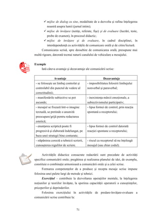 mijloc de dialog cu sine, modalitate de a dezvolta şi rafina înţelegerea 
noastră asupra lumii (jurnal intim); 
 mijloc de învăţare (notiţe, referate, fişe) şi de evaluare (lucrări, teste, 
probe de examen), în procesul didactic; 
 mijloc de învăţare şi de evaluare, în cadrul disciplinei, în 
interdependenţă cu activităţile de comunicare orală şi de citire/lectură. 
Comunicarea scrisă, spre deosebire de comunicarea orală, presupune mai 
multă rigoare, datorată tocmai naturii canalului de vehiculare a mesajului. 
71 
Exemple 
Iată câteva avantaje şi dezavantaje ale comunicării scrise: 
Avantaje Dezavantaje 
- se foloseşte un limbaj controlat şi 
controlabil din punctul de vedere al 
corectitudinii; 
- imposibilitatea folosirii limbajului 
nonverbal şi paraverbal; 
- manifestările subiective se pot 
ascunde; 
- inexistenţa mărcii emoţionale, a 
subiectivismului participativ; 
- mesajul se fixează într-o imagine 
textuală, se pretinde o anumită 
preocupare/grijă pentru redactarea 
estetică; 
- lipsa formei de control, prin reacţia 
spontană a receptorului; 
- enunţarea scriptică poate fi 
progresivă şi elaborată îndelungat, pe 
baza unei strategii bine conturate; 
- lipsa formei de control datorată 
reacţiei spontane a receptorului; 
- stăpânirea corectă a tehnicii scrierii, 
cunoaşterea regulilor de scriere. 
- riscul ca receptorul să nu înţeleagă 
mesajul (sau chiar codul). 
Activităţile didactice consacrate redactării sunt precedate de activităţi 
specifice comunicării orale; pregătirea şi realizarea planului de idei, de exemplu, 
constituie o combinaţie armonioasă a comunicării orale şi a celei scrise. 
Formarea competenţelor de a produce şi recepta mesaje scrise impune 
folosirea unei palete largi de metode şi tehnici. 
Exerciţiul – contribuie la dezvoltarea operaţiilor mentale, la înţelegerea 
noţiunilor şi teoriilor învăţate, la sporirea capacităţii operatorii a cunoştinţelor, 
priceperilor şi deprinderilor. 
Folosirea exerciţiului în activităţile de predare-învăţare-evaluare a 
comunicării scrise contribuie la: 
 