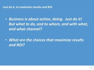• Business is about action, doing. Just do it!
But what to do, and to whom, and with what,
and what channel?
• What are the choices that maximize results
and ROI?
14
14
Just do it, to maximize results and ROI
 