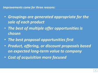 • Groupings are generated appropriate for the
sale of each product
• The best of multiple offer opportunities is
chosen
• The best proposal opportunities first
• Product, offering, or discount proposals based
on expected long-term value to company
• Cost of acquisition more focused
25
25
Improvements come for three reasons:
 