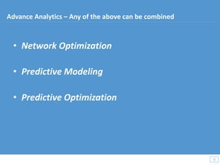 • Network Optimization
• Predictive Modeling
• Predictive Optimization
72
72
Advance Analytics – Any of the above can be combined
 