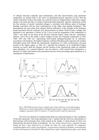 785 
of collagen decreases markedly upon denaturation, and after deconvolution, four prominent components are present both in the native or denaturated protein spectrum [15,32]. That the relative intensities of these four peaks vary with the extent of collagen-fold or triple helix content speaks to the point that they are clearly conformationally dependent. Specific components within the fine structure of amide I adsorbed collagen is correlated with different states of hydrogen bonding associated with the local conformations of the alpha chain peptide backbones. This heterogeneity can arise either from intrinsic basicity differences in the strengths of the hydrogen bonds associated with the carbonyls [33]. Deconvolution of amide I band of native collagen and adsorbed to our specimens is shown in Fig. 4 (b,c,e) and the assignment of the components in Table 1 was made on the basis of the previous reported studies, along with the quantitative analysis. Curve fits to the amide I native collagen reveals four Gaussian components at 1630, 1644, 1665 and 1682 cm-1 representing helix-related hydrogen-bounded set of carbonyls. According to the literature, the highest frequency carbonyl absorption peak represents the weakest H-bonded system [34]. Beside the characteristic frequencies of α helix conformation, the peak located in the higher region, at 1682 cm-1, represent the formation of an antiparallel β-sheet structure (or turns). Both the intensity and the location of the characteristic peaks are modified upon adsorption. As a general behavior, one can observe a shift toward lower frequencies, a decrease in α helix total content and concomitant increase of turn percentage upon adsorption, as a consequence of denaturation. 
1600161016201630164016501660167016801690-0.0000050.0000000.0000050.0000100.0000150.000020e) Wavenumber cm-1 Absorbance (a.u.) Fig.4. ATR FTIR spectrum of native collagen type I, from calf skin as received from Sigma Chemicals (a), deconvoluted amide I absorption band of native collagen (b) and adsorbed collagen to specimens with 0.5% Ag20 (c), 1% Ag20 (d) and 2% Ag20 (e) respectively. 
The silver ion released in simulated body fluid was monitored during 21 days incubation of the three specimens. The results presented in fig. 5 indicate that the silver ion concentration in fluid increase with increasing silver oxide content in the sample. A small amount of silver was detected after the first ten hours of incubation, the Ag+ release showed only a marginal increase during the first 3 days followed by an abrupt rise after one week especially for composites containing higher silver oxide concentrations. As previousely reported in literature, concentrations of silver ions between 0.10 and 0.22 mM, released from Ag2O- doped bioactive glass, were found 
180016001400120010008006000.0000.0250.0500.0750.1000.1250.1500.1750.2000.2250.250 1228Amide III Wavenumber cm-1 Absorbance (a.u.) 1640Amide I 1546Amide II a) 160016201640166016801700 Absorbance (a.u) Wavenumber (cm-1) d)  