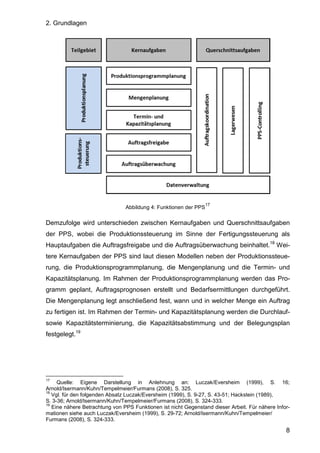 2. Grundlagen
8
Abbildung 4: Funktionen der PPS
17
Demzufolge wird unterschieden zwischen Kernaufgaben und Querschnittsaufgaben
der PPS, wobei die Produktionssteuerung im Sinne der Fertigungssteuerung als
Hauptaufgaben die Auftragsfreigabe und die Auftragsüberwachung beinhaltet.18
Wei-
tere Kernaufgaben der PPS sind laut diesen Modellen neben der Produktionssteue-
rung, die Produktionsprogrammplanung, die Mengenplanung und die Termin- und
Kapazitätsplanung. Im Rahmen der Produktionsprogrammplanung werden das Pro-
gramm geplant, Auftragsprognosen erstellt und Bedarfsermittlungen durchgeführt.
Die Mengenplanung legt anschließend fest, wann und in welcher Menge ein Auftrag
zu fertigen ist. Im Rahmen der Termin- und Kapazitätsplanung werden die Durchlauf-
sowie Kapazitätsterminierung, die Kapazitätsabstimmung und der Belegungsplan
festgelegt.19
17
Quelle: Eigene Darstellung in Anlehnung an: Luczak/Eversheim (1999), S. 16;
Arnold/Isermann/Kuhn/Tempelmeier/Furmans (2008), S. 325.
18
Vgl. für den folgenden Absatz Luczak/Eversheim (1999), S. 9-27, S. 43-51; Hackstein (1989),
S. 3-36; Arnold/Isermann/Kuhn/Tempelmeier/Furmans (2008), S. 324-333.
19
Eine nähere Betrachtung von PPS Funktionen ist nicht Gegenstand dieser Arbeit. Für nähere Infor-
mationen siehe auch Luczak/Eversheim (1999), S. 29-72; Arnold/Isermann/Kuhn/Tempelmeier/
Furmans (2008), S. 324-333.
 