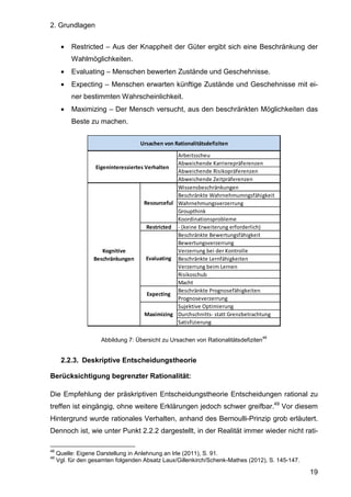 2. Grundlagen
19
• Restricted – Aus der Knappheit der Güter ergibt sich eine Beschränkung der
Wahlmöglichkeiten.
• Evaluating – Menschen bewerten Zustände und Geschehnisse.
• Expecting – Menschen erwarten künftige Zustände und Geschehnisse mit ei-
ner bestimmten Wahrscheinlichkeit.
• Maximizing – Der Mensch versucht, aus den beschränkten Möglichkeiten das
Beste zu machen.
Abbildung 7: Übersicht zu Ursachen von Rationalitätsdefiziten
48
2.2.3. Deskriptive Entscheidungstheorie
Berücksichtigung begrenzter Rationalität:
Die Empfehlung der präskriptiven Entscheidungstheorie Entscheidungen rational zu
treffen ist eingängig, ohne weitere Erklärungen jedoch schwer greifbar.49
Vor diesem
Hintergrund wurde rationales Verhalten, anhand des Bernoulli-Prinzip grob erläutert.
Dennoch ist, wie unter Punkt 2.2.2 dargestellt, in der Realität immer wieder nicht rati-
48
Quelle: Eigene Darstellung in Anlehnung an Irle (2011), S. 91.
49
Vgl. für den gesamten folgenden Absatz Laux/Gillenkirch/Schenk-Mathes (2012), S. 145-147.
Arbeitsscheu
Abweichende Karrierepräferenzen
Abweichende Risikopräferenzen
Abweichende Zeitpräferenzen
Wissensbeschränkungen
Beschränkte Wahrnehmumngsfähigkeit
Wahrnehmungsverzerrung
Groupthink
Koordinationsprobleme
Restricted - (keine Erweiterung erforderlich)
Beschränkte Bewertungsfähigkeit
Bewertungsverzerrung
Verzerrung bei der Kontrolle
Beschränkte Lernfähigkeiten
Verzerrung beim Lernen
Risikoschub
Macht
Beschränkte Prognosefähigkeiten
Prognoseverzerrung
Sujektive Optimierung
Durchschnitts- statt Grenzbetrachtung
Satisfizierung
Ursachen von Rationalitätsdefiziten
Eigeninteressiertes Verhalten
Resourceful
Evaluating
Expecting
Maximizing
Kognitive
Beschränkungen
 