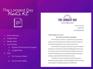The Longest Day
Media Kit
1. Press Release
2. Media Pitch
3. Media Alert
4. Fact Sheets
a. Greater Pennsylvania Chapter
b. Longest Day
5. PSA
a. On-Campus Radio
b. Community Radio
 
