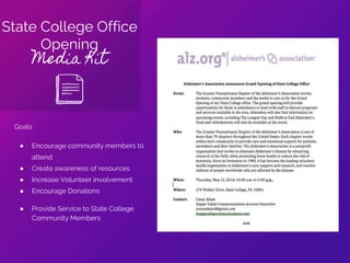 State College Office
Opening
Media Kit
Goals
● Encourage community members to
attend
● Create awareness of resources
● Increase Volunteer involvement
● Encourage Donations
● Provide Service to State College
Community Members
 