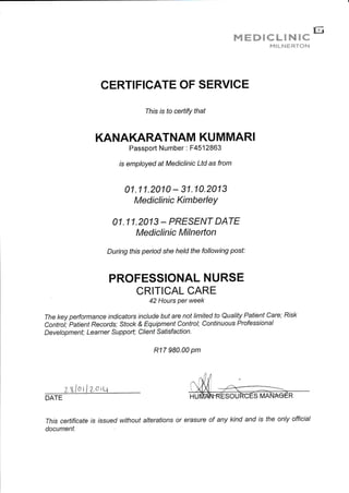 Certificate of service _  Mediclinic