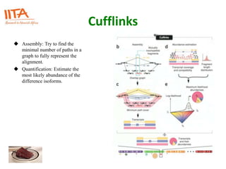 Cufflinks
 Assembly: Try to find the
minimal number of paths in a
graph to fully represent the
alignment.
 Quantification: Estimate the
most likely abundance of the
difference isoforms.
 
