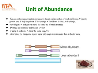 Unit of Abundance
 We can only measure relative measures based on X number of reads in library, Y map to
geneA and Z map to geneB. If we change X then both Y and Z will change.
 Now if gene A and gene B have the same no of reads mapped
 Do they have similar expression levels?
 if gene B and gene A have the same size, Yes
 otherwise, No because a longer gene will receive more reads than a shorter gene
 