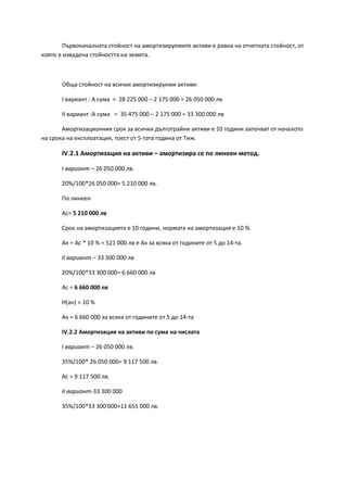 Първоначалната стойност на амортизируемите активи е равна на отчетната стойност, от
която е извадена стойността на земята.
Обща стойност на всички амортизируеми активи:
І вариант : А сума = 28 225 000 – 2 175 000 = 26 050 000 лв
ІІ вариант :А сума = 35 475 000 – 2 175 000 = 33 300 000 лв
Амортизационния срок за всички дълготрайни активи е 10 години започват от началото
на срока на експлоатация, тоест от 5-тата година от Тиж.
ІV.2.1 Амортизация на активи – амортизира се по линеен метод.
І вариант – 26 050 000 лв.
20%/100*26 050 000= 5 210 000 лв.
По линеен
Ас= 5 210 000 лв
Срок на амортизацията е 10 години, нормата на амортизация е 10 %.
Ак = Ас * 10 % = 521 000 лв е Ак за всяка от годините от 5 до 14-та.
ІІ вариант – 33 300 000 лв
20%/100*33 300 000= 6 660 000 лв
Ас = 6 660 000 лв
Н(ан) = 10 %
Ак = 6 660 000 за всяка от годините от 5 до 14-та
ІV.2.2 Амортизация на активи по сума на числата
І вариант – 26 050 000 лв.
35%/100* 26 050 000= 9 117 500 лв.
Ас = 9 117 500 лв.
II вариант-33 300 000
35%/100*33 300 000=11 655 000 лв.
 