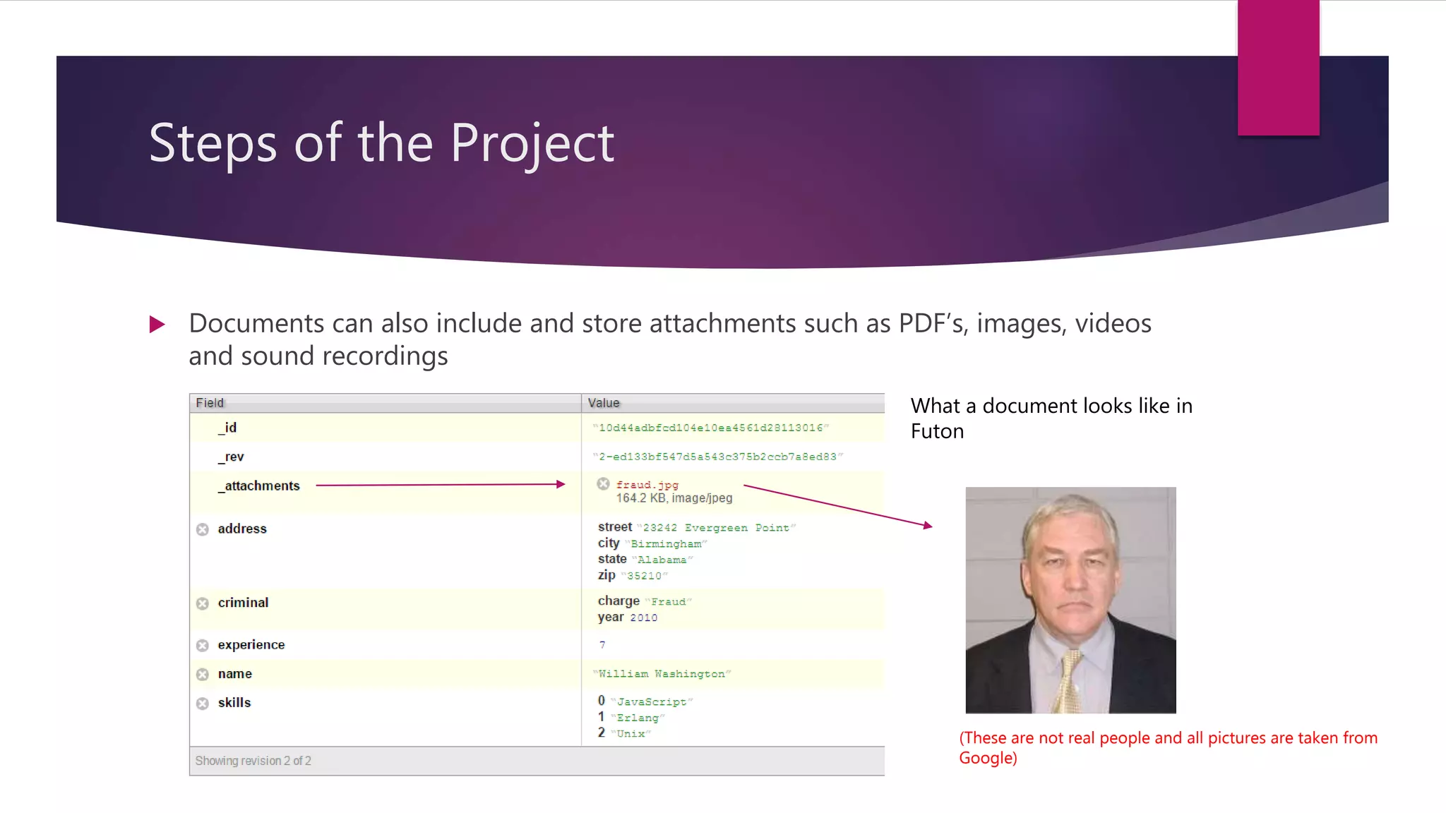 Steps of the Project
 Documents can also include and store attachments such as PDF’s, images, videos
and sound recordings
What a document looks like in
Futon
(These are not real people and all pictures are taken from
Google)
 