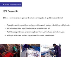 D02 Sostenible
DO2 se posiciona como un operador de soluciones integradas de gestión medioambiental:
• Recogida y gestión de residuos: aceites vegetales, papel, residuos industriales, mobiliario, etc.
• Eficiencia energética: servicios energéticos, cogeneraciones, etc.
• Actividades agronómicas: agricultura orgánica, viveros, silvicultura y reforestación, etc.
• Energías renovables: biomasa, biogás, biocombustibles, geotermia, etc.
APMIB Gestión residuos
 