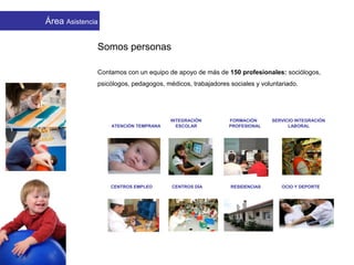 Contamos con un equipo de apoyo de más de 150 profesionales: sociólogos,
psicólogos, pedagogos, médicos, trabajadores sociales y voluntariado.
Somos personas
Área Asistencia
ATENCIÓN TEMPRANA ESCOLAR PROFESIONAL LABORAL
CENTROS EMPLEO CENTROS DÍA RESIDENCIAS OCIO Y DEPORTE
INTEGRACIÓN FORMACIÓN SERVICIO INTEGRACIÓN
 