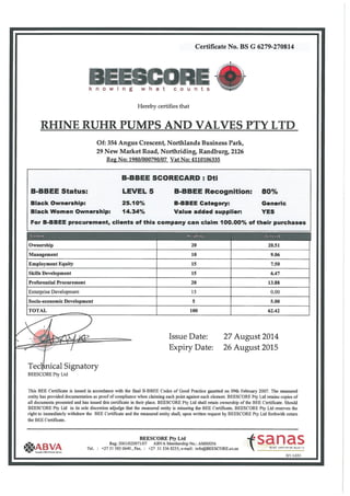 Rhine Ruhr Pumps and Valves Pty Ltd - BEE Certificate