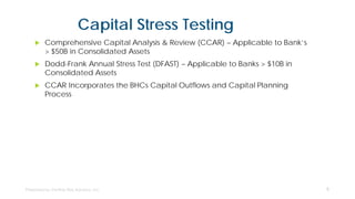 Capital Stress Testing
 Comprehensive Capital Analysis & Review (CCAR) – Applicable to Bank’s
> $50B in Consolidated Assets
 Dodd-Frank Annual Stress Test (DFAST) – Applicable to Banks > $10B in
Consolidated Assets
 CCAR Incorporates the BHCs Capital Outflows and Capital Planning
Process
5
 