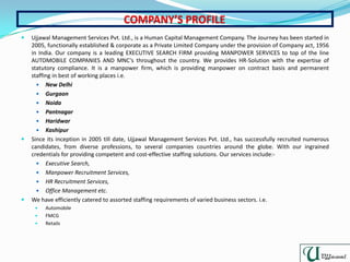  Ujjawal Management Services Pvt. Ltd., is a Human Capital Management Company. The Journey has been started in
2005, functionally established & corporate as a Private Limited Company under the provision of Company act, 1956
in India. Our company is a leading EXECUTIVE SEARCH FIRM providing MANPOWER SERVICES to top of the line
AUTOMOBILE COMPANIES AND MNC’s throughout the country. We provides HR-Solution with the expertise of
statutory compliance. It is a manpower firm, which is providing manpower on contract basis and permanent
staffing in best of working places i.e.
 New Delhi
 Gurgaon
 Noida
 Pantnagar
 Haridwar
 Kashipur
 Since its inception in 2005 till date, Ujjawal Management Services Pvt. Ltd., has successfully recruited numerous
candidates, from diverse professions, to several companies countries around the globe. With our ingrained
credentials for providing competent and cost-effective staffing solutions. Our services include:-
 Executive Search,
 Manpower Recruitment Services,
 HR Recruitment Services,
 Office Management etc.
 We have efficiently catered to assorted staffing requirements of varied business sectors. i.e.
 Automobile
 FMCG
 Retails
 