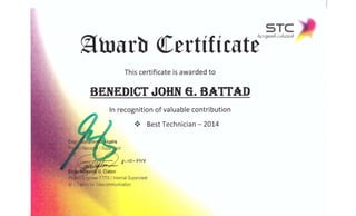 Best Technician Award ( saudi telecom company ) 
