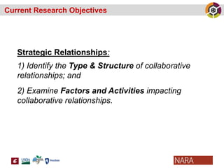 Current Research Objectives
Strategic Relationships:
1) Identify the Type & Structure of collaborative
relationships; and
...