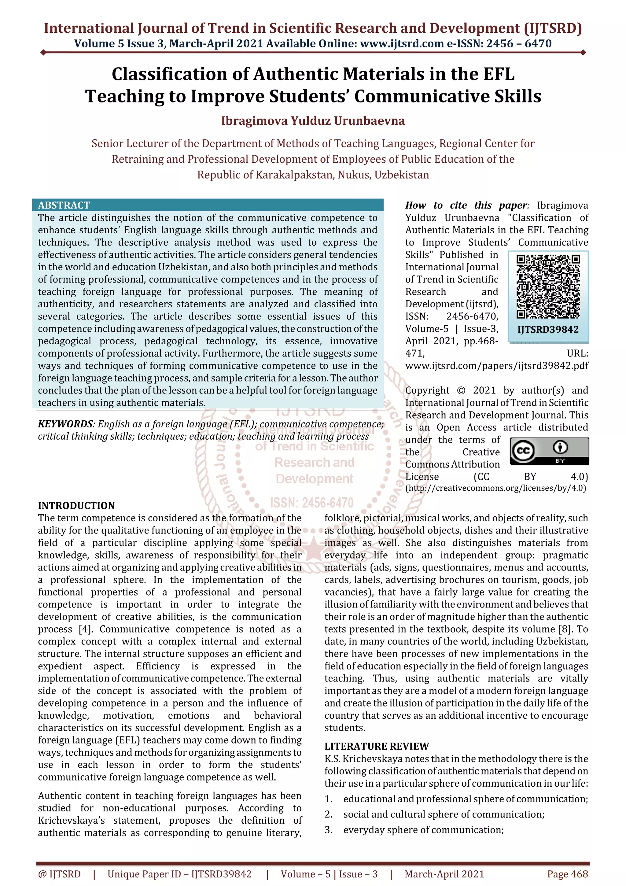 Classification of Authentic Materials in the EFL Teaching to Improve Students’ Communicative