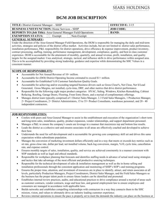 DGM JOB DESCRIPTION
TITLE: District General Manager – SHIP EFFECTIVE: 3/15
BUSINESS UNIT/FUNCTION: Home Services - SHIP JOB CODE:
REPORTS TO (Job Title): Area General Manager Field Operations BAND:
EXEMPTION STATUS: Exempt Non-Exempt
GENERAL SUMMARY:
Under the direction of the Area General Manager Field Operations, the DGM is responsible for managing the daily and mid-term
activities, strategies and policies of the district office market. Activities include, but are not limited to: district sales performance,
installation performance, P&L responsibility for district operations, drive efficiency & expense improvement, product inventory,
contract processing, staffing, training, performance management, development, compliance, quality, and best in class customer
experience. DGM is accountable for the attainment of monthly, quarterly, and annual revenue, profit, installation, and quality
targets for the assigned market. Uses analytical, strategic, tactical, and influence skills to drive performance within assigned area.
This is to be accomplished by providing strong leadership, guidance and expertise while demonstrating the SHC Values in a
consistent manner.
SCOPE OF RESPONSIBILITY:
• Accountable for Net Annual Revenue of 10+ million.
• Accountable for (DOI) District Operating Income estimated to exceed $1+ million.
• Accountable for Established %10 Customer Satisfaction Quality Goals.
• Accountable for achieving and/or exceeding targeted business drivers such as Gross Close%, Net Close, Net $/Lead
Generated, Gross Margins, net installed, cycle-time, DRF, and other metrics that drive district performance.
• Responsible for the following eight major product categories: HVAC, Siding, Windows, Kitchen Remodeling, Cabinet
Refacing, Roofing, Garage Doors, Flooring, Front Entry Doors, and a myriad of complimentary offerings.
• Manages district team typically comprised of 1 District Sales Manager, 1-3 Field Sales Managers, 1 Production Manager,
2+ Project Coordinators, 2+ District Administrators, 15 to 35+ Product Consultants, warehouse personnel, and 20 - 40
independent contractors.
JOB RESPONSIBILITIES:
• Confers with peers and Area General Manager to assist in the establishment and execution of the organization’s short term
and long-term sales, installation, quality, product expansion, vendor relationships, and support department personnel.
• Manages a P&L to ensure the company’s assets are leverage in a manner that maximizes top and bottom line results.
• Leads the district as a cohesive unit and ensures associates in all areas are effectively coached and developed to achieve
their best.
• Understands the need for self-development and is accountable for growing core competency skill set and drives this same
expectation within subordinate population.
• Manages the conversion of marketing investment dollars efficiently and in a way that meets or exceeds key metrics such as
sit rate, gross close rate, dollar per lead, net installed volume, back-log conversion, margin, %10, cycle time, cancellation
rate, and expense control.
• Ensures monthly targets of sales, installation, quality, and service are achieved consistently in a manner consistent with
SOP standards as well as legal and ethical standards.
• Responsible for workplace planning that forecasts and identifies staffing needs in advance of actual need using strategies
and tactics that take advantage of the most efficient and productive sourcing techniques.
• Responsible for the technical development of sales & installation management as well as the in-home selling and
installation professionals through the consistent application and monitoring of SHIP’s SOP’s and training programs.
• Ensures the proper time, attention, and investment of resources are in place to identify, attract, and retain associates at all
levels, particularly Production Managers, Project Coordinators, District Sales Manager, and the Field Sales Managers so
the business has the proper talent pools to ensure future leaders can be identified and promoted.
• Establishes internal review practices, audits, and educational practices to drive compliance around a myriad of areas such
as customer contracts, vendor contracts, wage and hour law, and general employment law to ensure employees and
consumers are managed in accordance with applicable laws.
• Builds networks and establishes compelling relationships with contractors in a way they connects them to the SHC
mission, vision, and values to ultimately drive an industry leading customer experience.
• Reviews internal operations to ensure the pace is properly set to meet the demands the industry can place on the business at
 