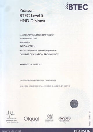 Higher National Diploma in Aeronautical (Edexcel certificate  with 18 modules completed minimum pass grade)