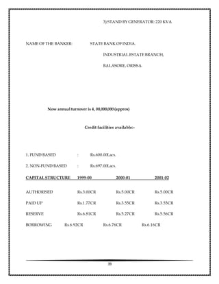 39
3) STAND BY GENERATOR: 220 KVA
NAME OF THE BANKER: STATE BANK OF INDIA.
INDUSTRIAL ESTATE BRANCH,
BALASORE, ORISSA.
Now annual turnover is 4, 00,000,000 (approx)
Credit facilities available:-
1. FUND BASED : Rs.600.00Lacs.
2. NON-FUND BASED : Rs.697.00Lacs.
CAPITAL STRUCTURE 1999-00 2000-01 2001-02
AUTHORISED Rs.3.00CR Rs.5.00CR Rs.5.00CR
PAID UP Rs.1.77CR Rs.3.55CR Rs.3.55CR
RESERVE Rs.6.81CR Rs.5.27CR Rs.5.56CR
BORROWING Rs.6.92CR Rs.6.76CR Rs.6.16CR
 