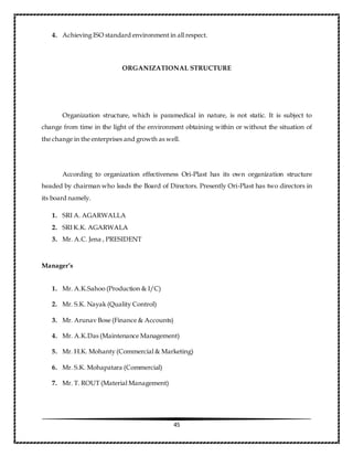 45
4. Achieving ISO standard environment in all respect.
ORGANIZATIONAL STRUCTURE
Organization structure, which is paramedical in nature, is not static. It is subject to
change from time in the light of the environment obtaining within or without the situation of
the change in the enterprises and growth as well.
According to organization effectiveness Ori-Plast has its own organization structure
headed by chairman who leads the Board of Directors. Presently Ori-Plast has two directors in
its board namely.
1. SRI A. AGARWALLA
2. SRI K.K. AGARWALA
3. Mr. A.C. Jena , PRESIDENT
Manager’s
1. Mr. A.K.Sahoo (Production & I/C)
2. Mr. S.K. Nayak (Quality Control)
3. Mr. Arunav Bose (Finance & Accounts)
4. Mr. A.K.Das (Maintenance Management)
5. Mr. H.K. Mohanty (Commercial & Marketing)
6. Mr. S.K. Mohapatara (Commercial)
7. Mr. T. ROUT (Material Management)
 