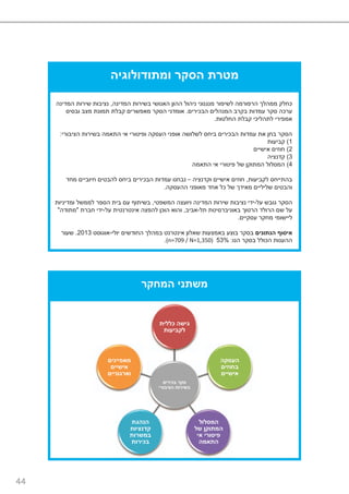44
‫ומתודולוגיה‬ ‫הסקר‬ ‫מטרת‬
‫המדינה‬ ‫בשירות‬ ‫האנושי‬ ‫ההון‬ ‫ניהול‬ ‫מנגנוני‬ ‫לשיפור‬ ‫הרפורמה‬ ‫ממהלך‬ ‫כחלק‬,‫המדינה‬ ‫שירות‬ ‫נציבות‬
‫הבכירים‬ ‫המנהלים‬ ‫בקרב‬ ‫עמדות‬ ‫סקר‬ ‫ערכה‬.‫ובסיס‬ ‫מצב‬ ‫תמונת‬ ‫קבלת‬ ‫מאפשרים‬ ‫הסקר‬ ‫אומדני‬
‫החלטות‬ ‫קבלת‬ ‫לתהליכי‬ ‫אמפירי‬.
‫הציבורי‬ ‫בשירות‬ ‫התאמה‬ ‫אי‬ ‫ופיטורי‬ ‫העסקה‬ ‫אופני‬ ‫לשלושה‬ ‫ביחס‬ ‫הבכירים‬ ‫עמדות‬ ‫את‬ ‫בחן‬ ‫הסקר‬:
1)‫קביעות‬
2)‫אישיים‬ ‫חוזים‬
3)‫קדנציה‬
4)‫התאמה‬ ‫אי‬ ‫פיטורי‬ ‫של‬ ‫המתוקן‬ ‫המסלול‬
‫לקביעות‬ ‫בהתייחס‬,‫וקדנציה‬ ‫אישיים‬ ‫חוזים‬–‫מחד‬ ‫חיוביים‬ ‫להבטים‬ ‫ביחס‬ ‫הבכירים‬ ‫עמדות‬ ‫נבחנו‬
‫ההעסקה‬ ‫מאופני‬ ‫אחד‬ ‫כל‬ ‫של‬ ‫מאידך‬ ‫שליליים‬ ‫והבטים‬.
‫על‬ ‫גובש‬ ‫הסקר‬-‫המדינה‬ ‫שירות‬ ‫נציבות‬ ‫ידי‬‫המשפטי‬ ‫ויועצה‬,‫ומדיניות‬ ‫לממשל‬ ‫הספר‬ ‫בית‬ ‫עם‬ ‫בשיתוף‬
‫תל‬ ‫באוניברסיטת‬ ‫הרטוך‬ ‫הרולד‬ ‫שם‬ ‫על‬-‫אביב‬,‫על‬ ‫אינטרנטית‬ ‫להפצה‬ ‫הוכן‬ ‫והוא‬-‫חברת‬ ‫ידי‬"‫מתודה‬"
‫עסקיים‬ ‫מחקר‬ ‫ליישומי‬.
‫הנתונים‬ ‫איסוף‬‫יולי‬ ‫החודשים‬ ‫במהלך‬ ‫אינטרנט‬ ‫שאלון‬ ‫באמצעות‬ ‫בוצע‬ ‫בסקר‬-‫אוגוסט‬2013.‫שעור‬
‫הנו‬ ‫בסקר‬ ‫הכולל‬ ‫ההענות‬:53%(n=709 / N=1,350).
‫המחקר‬ ‫משתני‬
‫בכירים‬ ‫סקר‬
‫הציבורי‬ ‫בשירות‬
‫כללית‬ ‫גישה‬
‫לקביעות‬
‫העסקה‬
‫בחוזים‬
‫אישיים‬
‫המסלול‬
‫של‬ ‫המתוקן‬
‫אי‬ ‫פיטורי‬
‫התאמה‬
‫הנהגת‬
‫קדנציות‬
‫במשרות‬
‫בכירות‬
‫מאפיינים‬
‫אישיים‬
‫וארגוניים‬
 