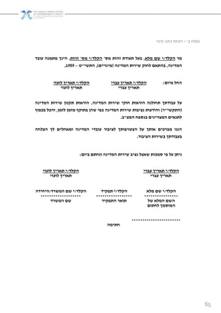 65
‫מינוי‬ ‫כתב‬ ‫דוגמת‬ – ’‫ב‬ ‫נספח‬
‫הקלד‬/‫לא‬ ‫שם‬ ‫י‬,‫ס‬ ‫זהות‬ ‫תעודת‬ ‫בעל‬'‫הקלד‬/‫ס‬ ‫י‬'‫זהות‬,‫עובד‬ ‫נה‬ ‫ת‬ ‫הינך‬
‫דינה‬ ‫ה‬,‫דינה‬ ‫ה‬ ‫ות‬ ‫שי‬ ‫לחוק‬ ‫בהתאם‬(‫ינויים‬),‫התשי‬"‫ט‬–9191,
‫הקלד‬/‫לועזי‬ ‫יך‬ ‫תא‬ ‫י‬ ‫הקלד‬/‫עב‬ ‫יך‬ ‫תא‬ ‫י‬‫י‬ ‫יום‬ ‫החל‬:
‫לועזי‬ ‫יך‬ ‫תא‬ ‫י‬ ‫עב‬ ‫יך‬ ‫תא‬
‫דינה‬ ‫ה‬ ‫ות‬ ‫שי‬ ‫חוקי‬ ‫אות‬ ‫הו‬ ‫תחולנה‬ ‫עבודתך‬ ‫על‬,‫דינה‬ ‫ה‬ ‫ות‬ ‫שי‬ ‫תקנון‬ ‫אות‬ ‫הו‬
(‫התקשי‬")‫ן‬ ‫לז‬ ‫ן‬ ‫ז‬ ‫בתוקף‬ ‫שהן‬ ‫כפי‬ ‫דינה‬ ‫ה‬ ‫ות‬ ‫שי‬ ‫נציבות‬ ‫והודעות‬,‫בכפוף‬ ‫והכל‬
‫צ‬ ‫ה‬ ‫בנספח‬ ‫צויינים‬ ‫ה‬ ‫לתנאים‬"‫ב‬.
‫עובד‬ ‫לציבו‬ ‫פותך‬ ‫הצט‬ ‫על‬ ‫אותך‬ ‫כים‬ ‫ב‬ ‫הננו‬‫הצלחה‬ ‫לך‬ ‫אחלים‬ ‫ו‬ ‫דינה‬ ‫ה‬ ‫י‬
‫הציבו‬ ‫ות‬ ‫בשי‬ ‫בעבודתך‬.
‫ביום‬ ‫ונחתם‬ ‫דינה‬ ‫ה‬ ‫ות‬ ‫שי‬ ‫נציב‬ ‫שאצל‬ ‫כות‬ ‫ס‬ ‫פי‬ ‫על‬ ‫ניתן‬:
‫הקלד‬/‫לועזי‬ ‫יך‬ ‫תא‬ ‫י‬ ‫הקלד‬/‫י‬ ‫עב‬ ‫יך‬ ‫תא‬ ‫י‬
‫לועזי‬ ‫יך‬ ‫תא‬ ‫י‬ ‫עב‬ ‫יך‬ ‫תא‬
‫הקלד‬/‫ד‬ ‫ש‬ ‫ה‬ ‫שם‬ ‫י‬/‫היחידה‬ ‫הקלד‬/‫תפ‬ ‫י‬‫קיד‬ ‫הקלד‬/‫לא‬ ‫שם‬ ‫י‬
------------------- ----------------- ----------------
‫שם‬‫ד‬ ‫ש‬ ‫ה‬ ‫התפקיד‬ ‫תוא‬ ‫של‬ ‫לא‬ ‫ה‬ ‫השם‬
‫ה‬‫ך‬ ‫וס‬‫לחתום‬
-----------------------
‫ה‬ ‫חתי‬
 