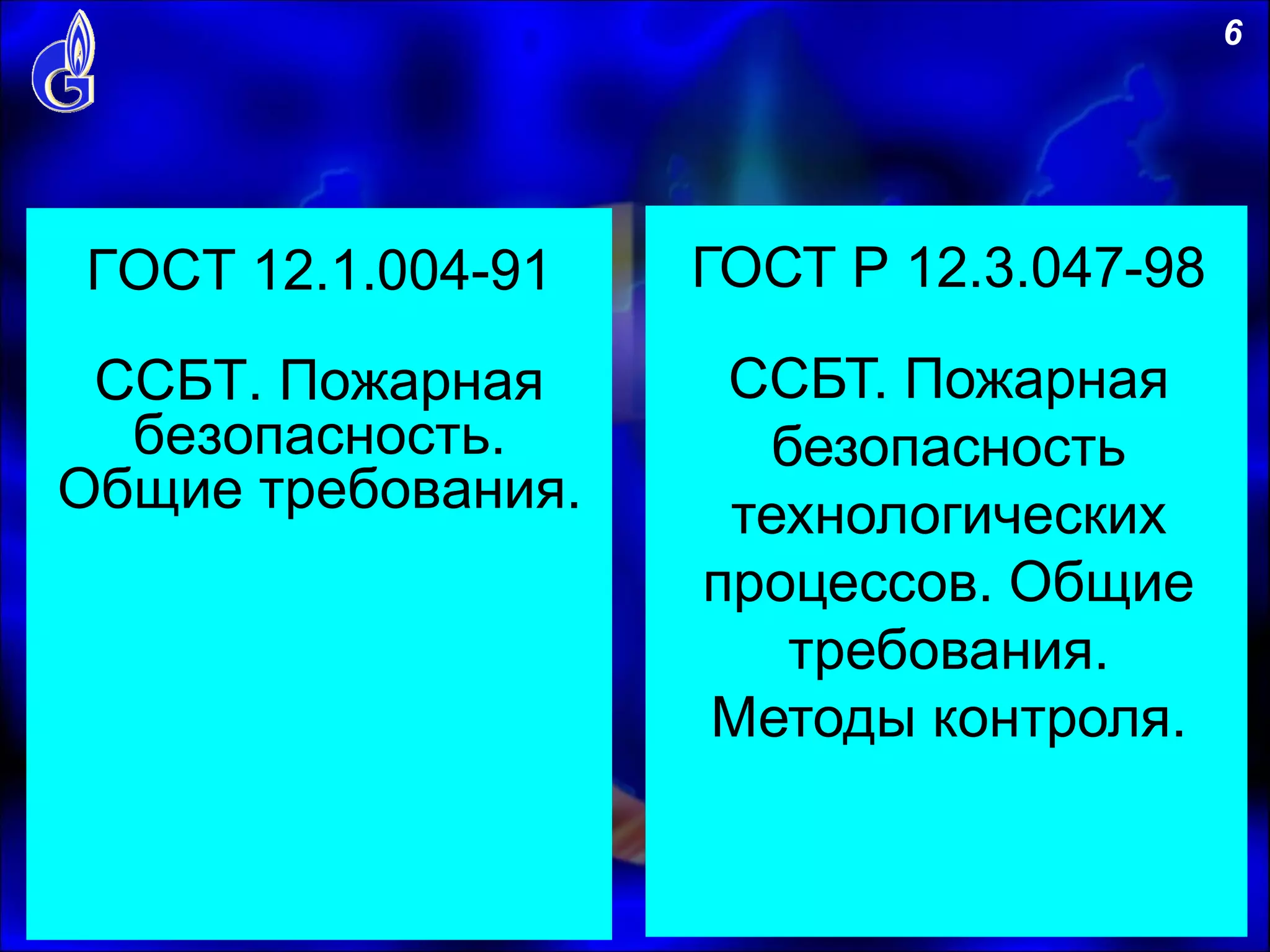 ГОСТ 12.1.004-91
ССБТ. Пожарная
безопасность.
Общие требования.
6
ГОСТ Р 12.3.047-98
ССБТ. Пожарная
безопасность
технологических
процессов. Общие
требования.
Методы контроля.
 