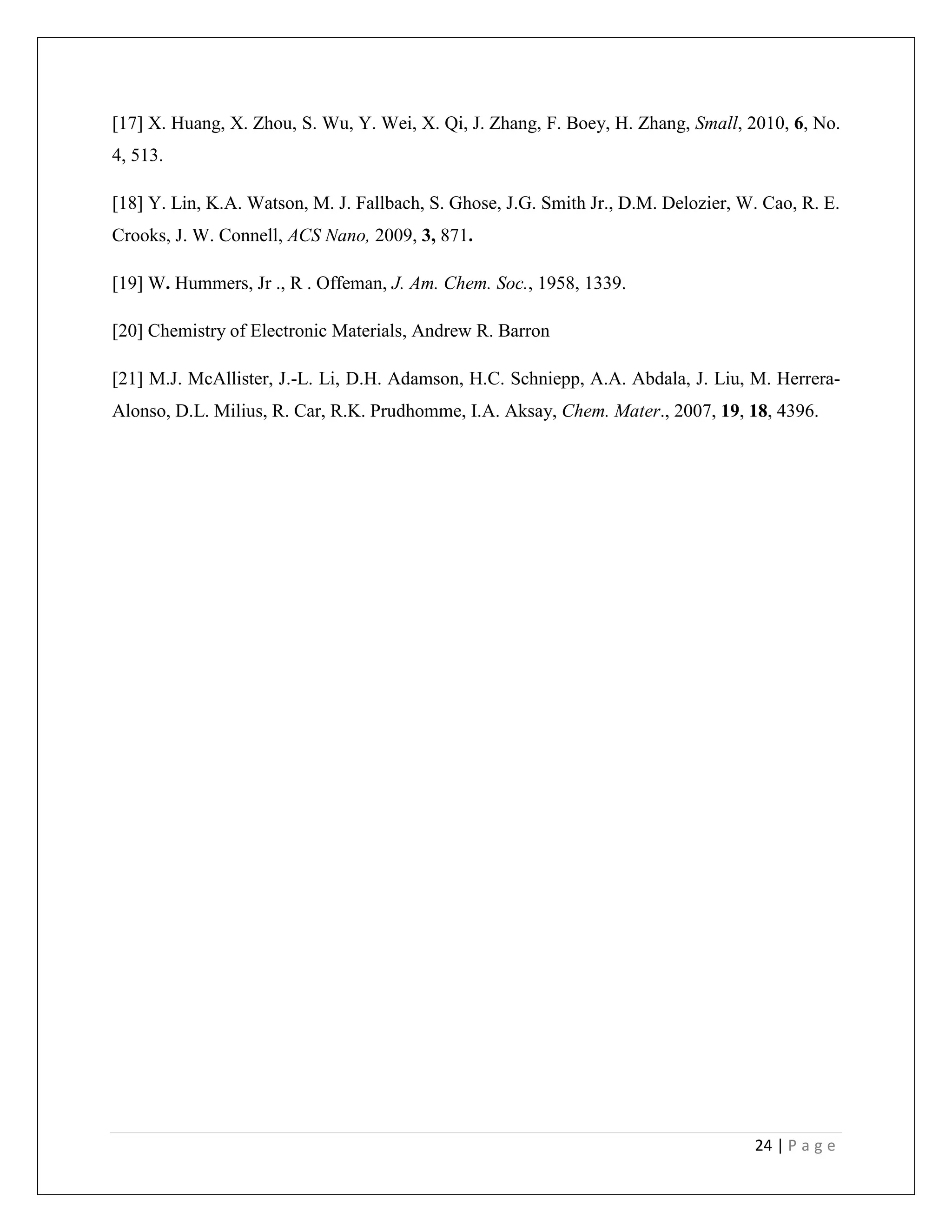 24 | P a g e
[17] X. Huang, X. Zhou, S. Wu, Y. Wei, X. Qi, J. Zhang, F. Boey, H. Zhang, Small, 2010, 6, No.
4, 513.
[18] Y. Lin, K.A. Watson, M. J. Fallbach, S. Ghose, J.G. Smith Jr., D.M. Delozier, W. Cao, R. E.
Crooks, J. W. Connell, ACS Nano, 2009, 3, 871.
[19] W. Hummers, Jr ., R . Offeman, J. Am. Chem. Soc., 1958, 1339.
[20] Chemistry of Electronic Materials, Andrew R. Barron
[21] M.J. McAllister, J.-L. Li, D.H. Adamson, H.C. Schniepp, A.A. Abdala, J. Liu, M. Herrera-
Alonso, D.L. Milius, R. Car, R.K. Prudhomme, I.A. Aksay, Chem. Mater., 2007, 19, 18, 4396.
 