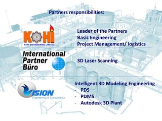 3D Laser Scanning
Intelligent 3D Modeling Engineering
- PDS
- PDMS
- Autodesk 3D Plant
Partners responsibilities:
Leader of the Partners
Basic Engineering
Project Management/ logistics
 