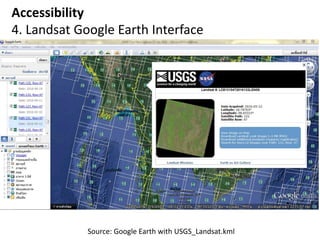 Accessibility
4. Landsat Google Earth Interface
Source: Google Earth with USGS_Landsat.kml
 