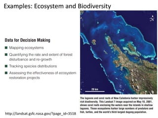 Examples: Ecosystem and Biodiversity
http://landsat.gsfc.nasa.gov/?page_id=3518
 