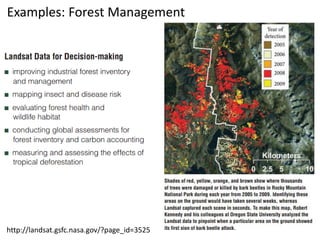 Examples: Forest Management
http://landsat.gsfc.nasa.gov/?page_id=3525
 