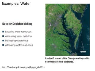 Examples: Water
http://landsat.gsfc.nasa.gov/?page_id=3531
 
