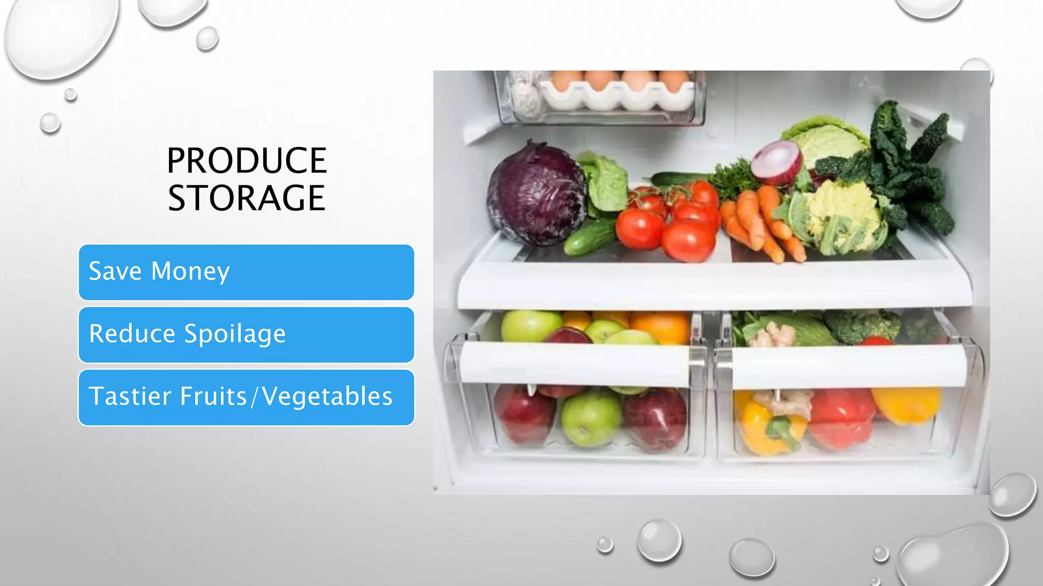 PRODUCE
STORAGE
Save Money
Reduce Spoilage
Tastier Fruits/Vegetables
 