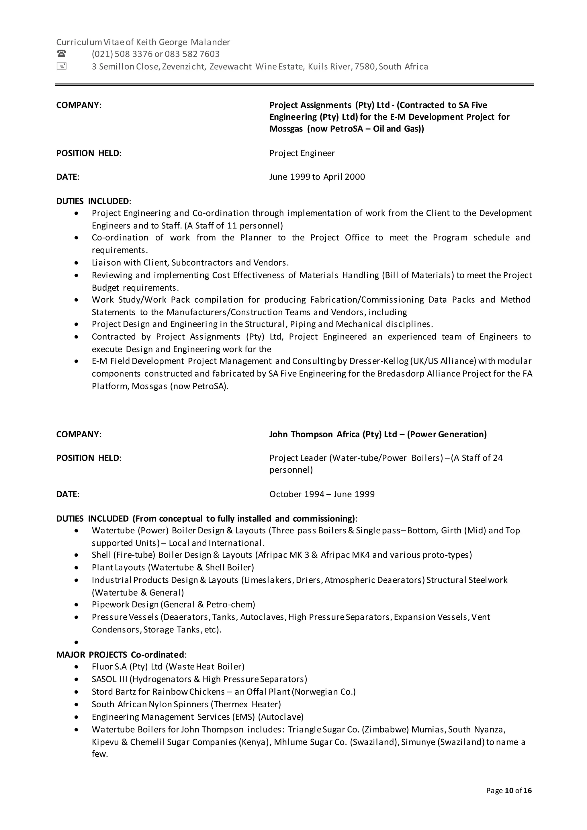 CV of Keith Malander | DOCX
