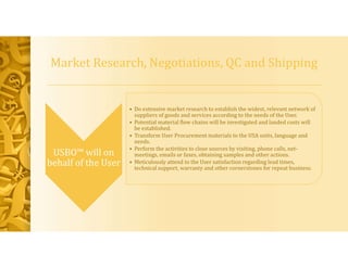 Market Research, Negotiations, QC and Shipping
USBO™ will on
behalf of the User
• Do extensive market research to establish the widest, relevant network of
suppliers of goods and services according to the needs of the User.
• Potential material flow chains will be investigated and landed costs will
be established.
• Transform User Procurement materials to the USA units, language and
needs.
• Perform the activities to close sources by visiting, phone calls, net-
meetings, emails or faxes, obtaining samples and other actions.
• Meticulously attend to the User satisfaction regarding lead times,
technical support, warranty and other cornerstones for repeat business.
 