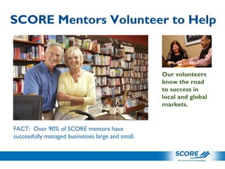 SCORE Mentors Volunteer to Help
FACT: Over 90% of SCORE mentors have
successfully managed businesses large and small.
Our volunteers
know the road
to success in
local and global
markets.
 