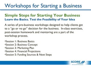 Workshops for Starting a Business
Simple Steps for Starting Your Business
Learn the Basics. Test the Feasibility of Your Idea
A series of pre-business workshops designed to help clients get
to a “go or no go” decision for the business. In-class exercises,
post-session homework and mentoring are a part of the
workshop process.
•Session 1: Business Basics
•Session 2: Business Concept
•Session 3: Marketing Plan
•Session 4: Financial Projections
•Session 5: Funding Sources & Next Steps
 