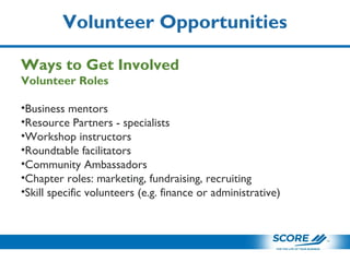 Volunteer Opportunities
Ways to Get Involved
Volunteer Roles
•Business mentors
•Resource Partners - specialists
•Workshop instructors
•Roundtable facilitators
•Community Ambassadors
•Chapter roles: marketing, fundraising, recruiting 
•Skill specific volunteers (e.g. finance or administrative)
 